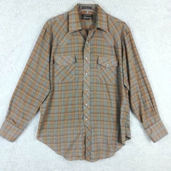 Plainsman Mens Shirt Western Button‎ Down Pearl Snaps Tan Blue Plaid 16 1/2 35 - Picture 1 of 15
